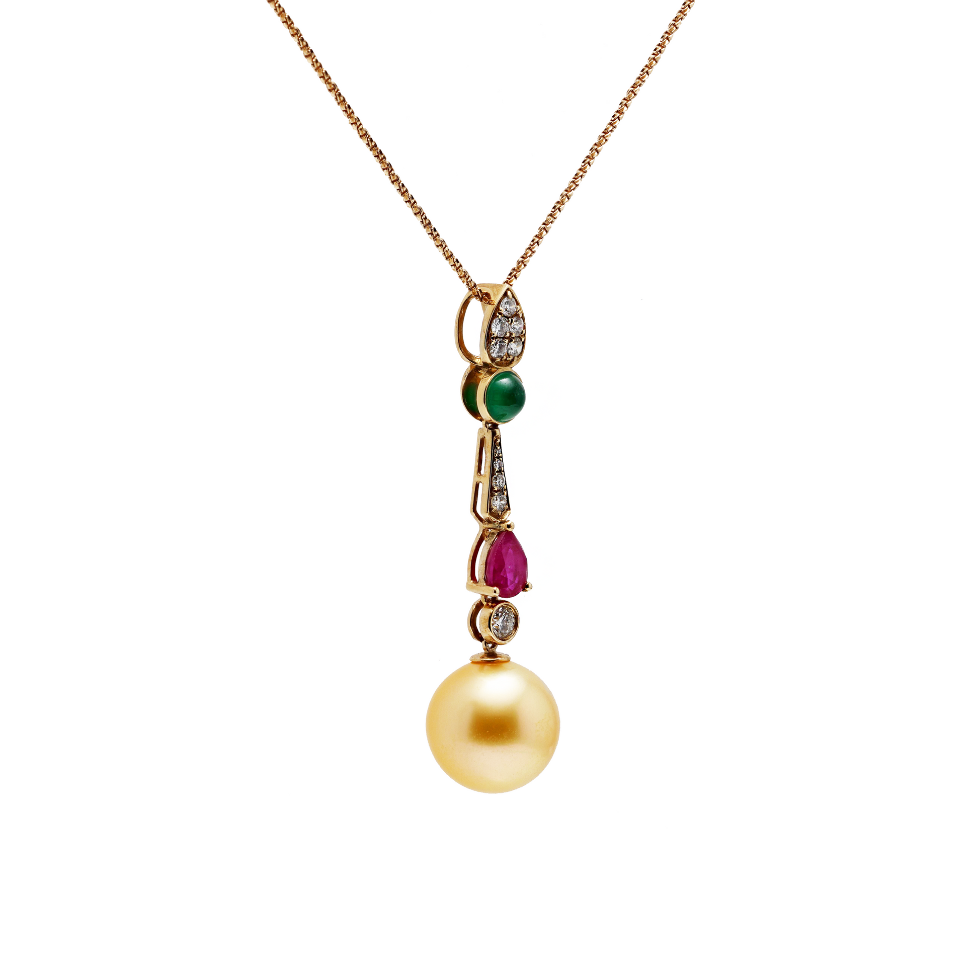 18KG 11.3mm Natural Color South Sea Golden Pearl Ruby Emerald Diamond Necklace