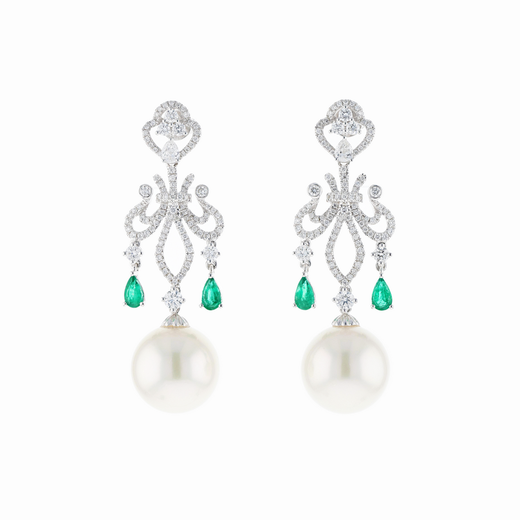 18KG 12.9/12.9mm Natural Color South Sea White Pearl Emerald Diamond Earrings