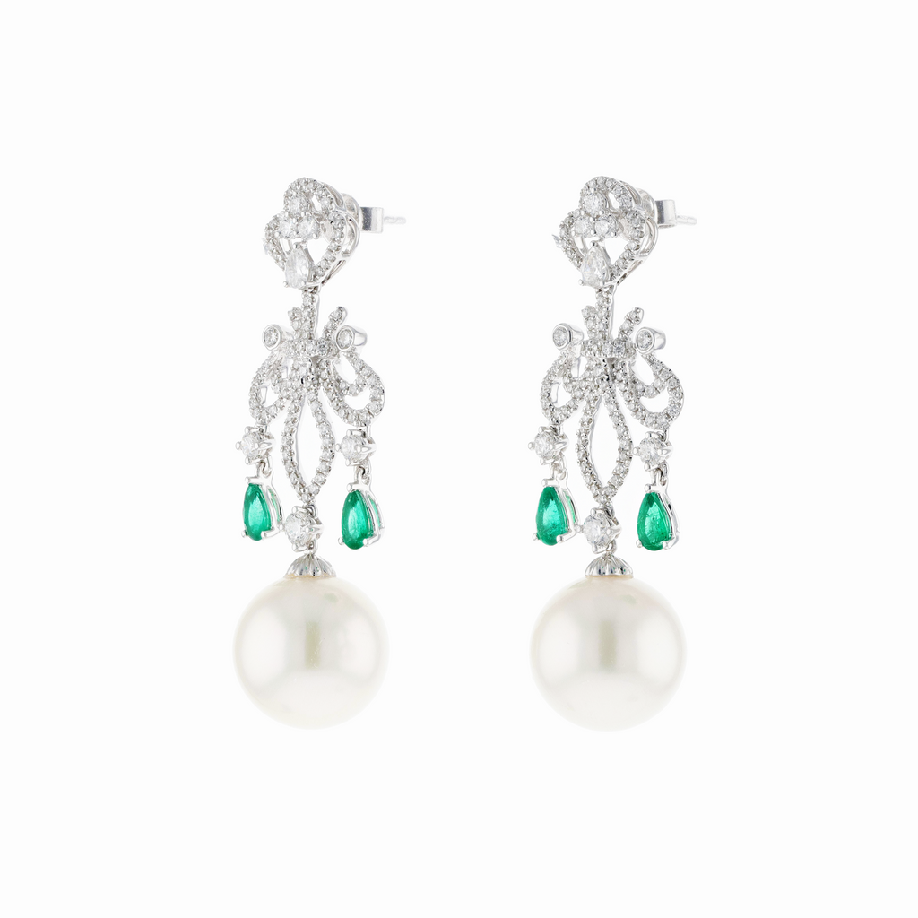 18KG 12.9/12.9mm Natural Color South Sea White Pearl Emerald Diamond Earrings