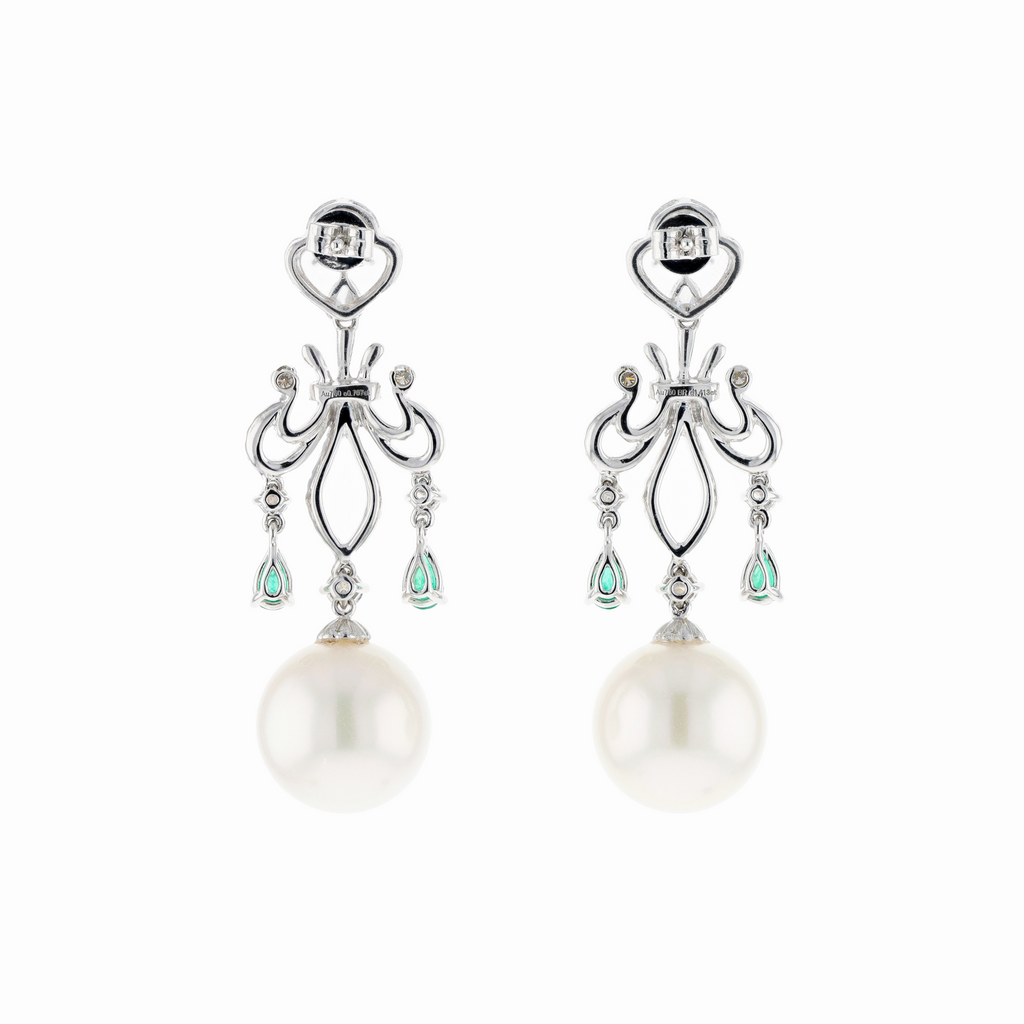 18KG 12.9/12.9mm Natural Color South Sea White Pearl Emerald Diamond Earrings