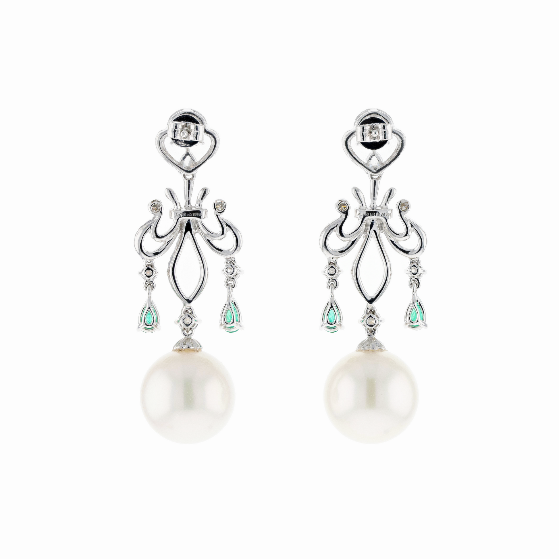 18KG 12.9/12.9mm Natural Color South Sea White Pearl Emerald Diamond Earrings