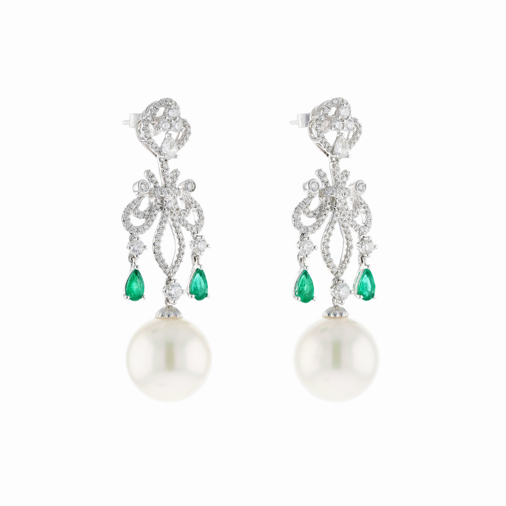 18KG 12.9/12.9mm Natural Color South Sea White Pearl Emerald Diamond Earrings