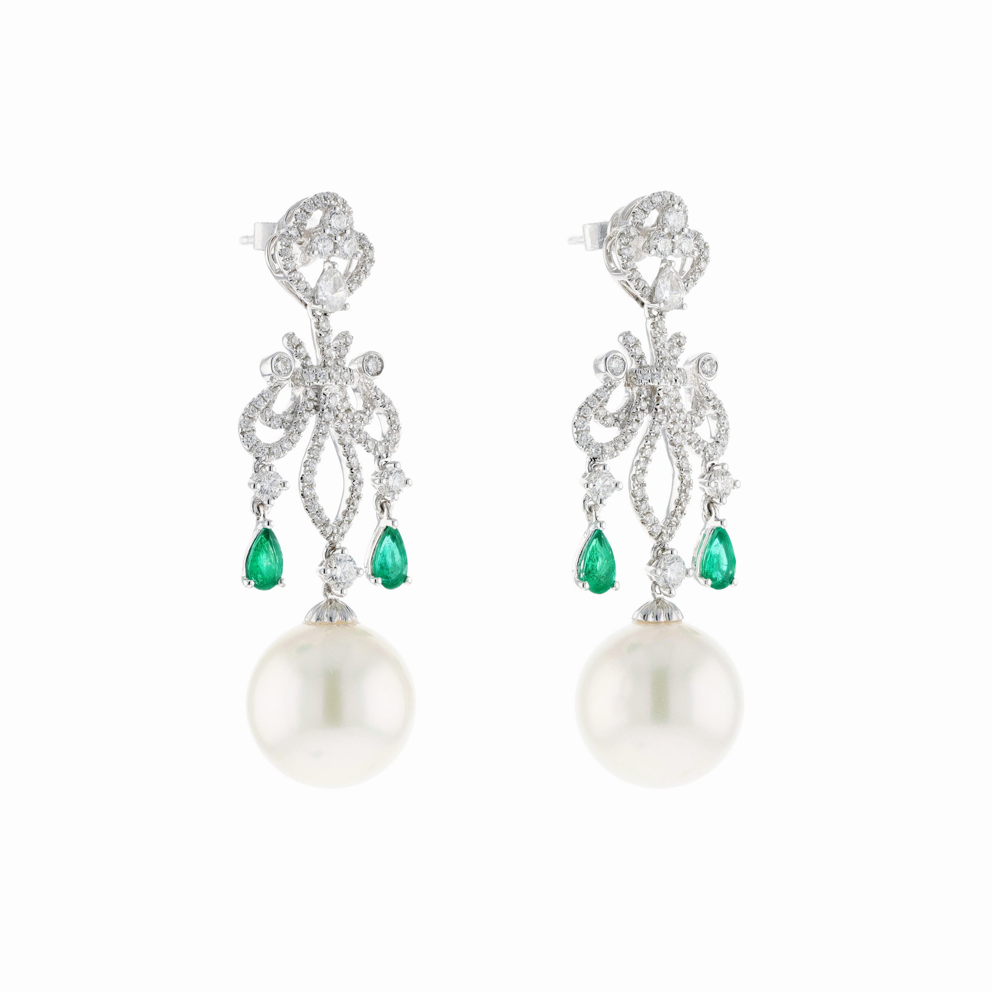 18KG 12.9/12.9mm Natural Color South Sea White Pearl Emerald Diamond Earrings