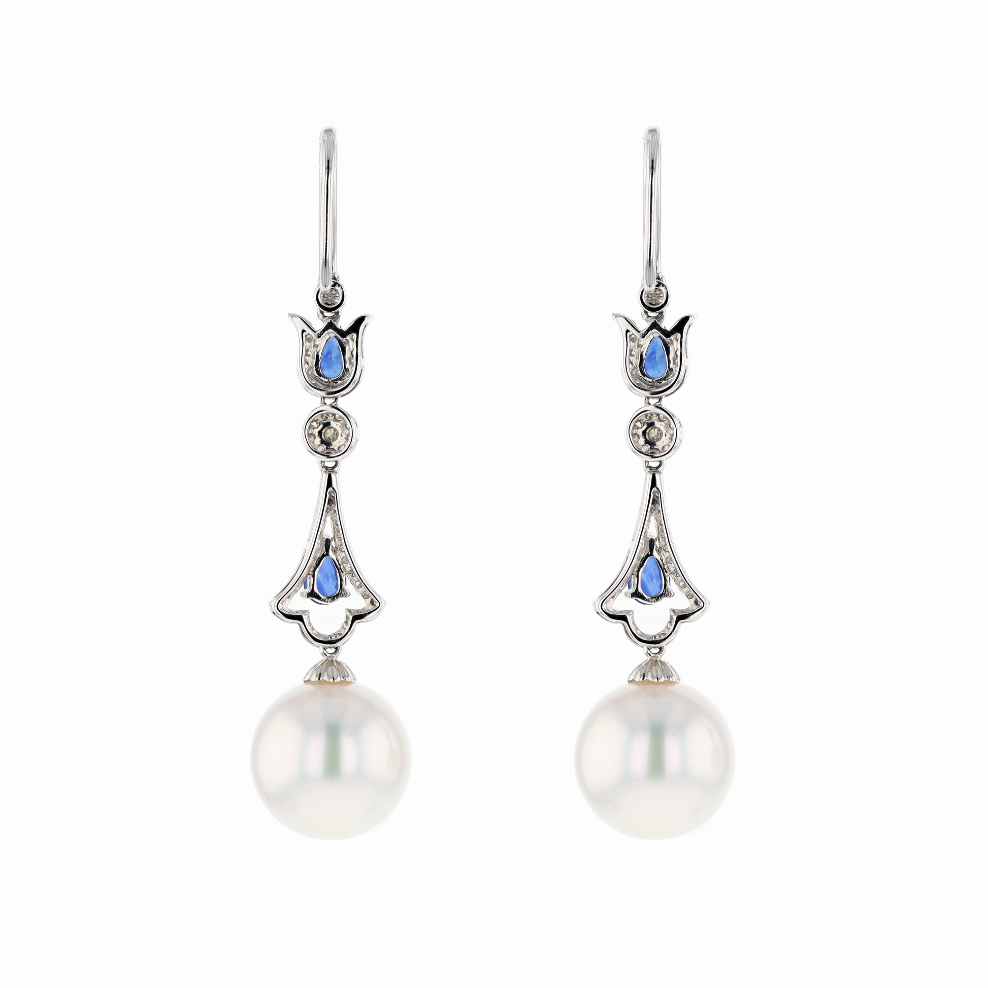 18KG 12.1/12.1mm Natural Color South Sea White Pearl Blue Sapphire Diamond Earrings