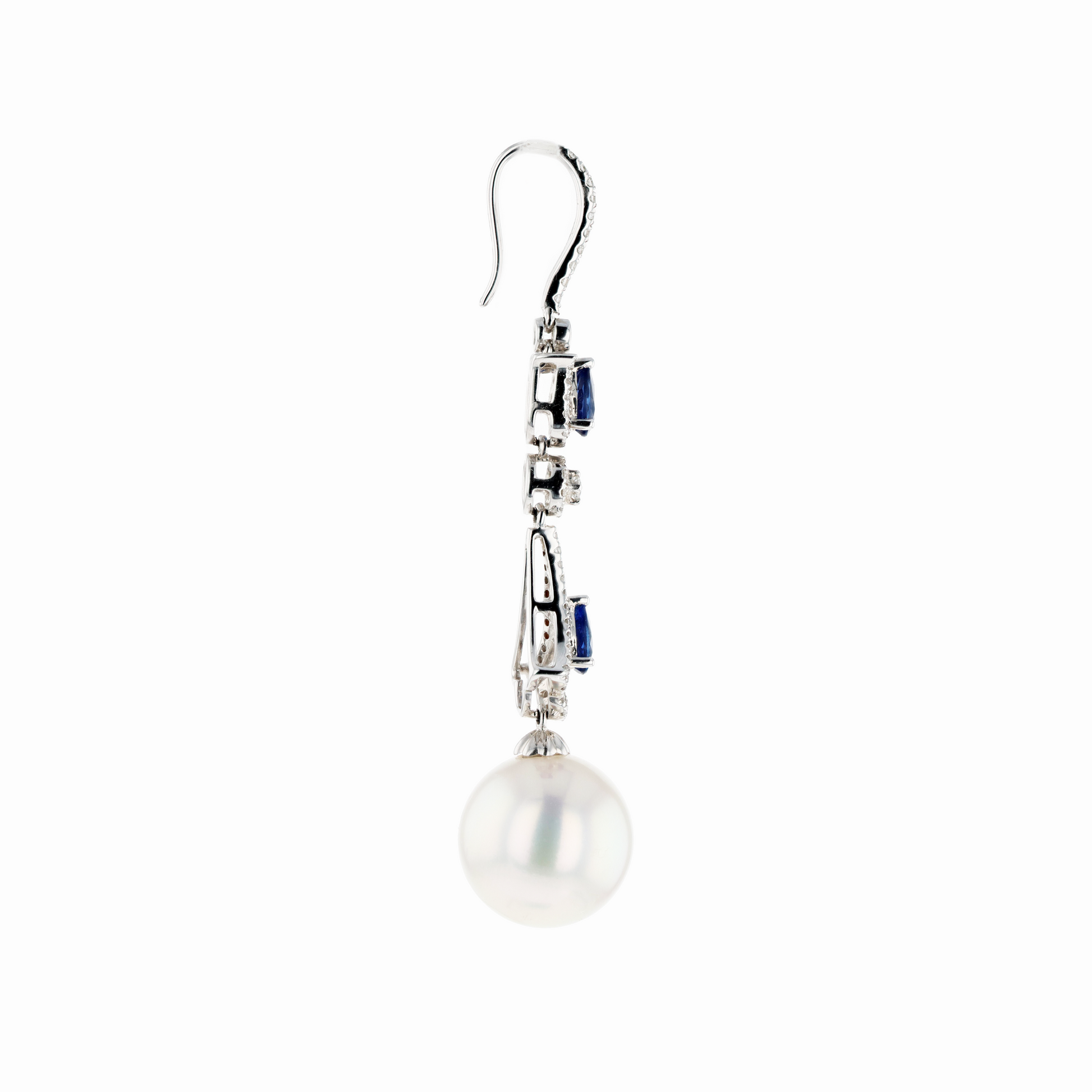 18KG 12.1/12.1mm Natural Color South Sea White Pearl Blue Sapphire Diamond Earrings