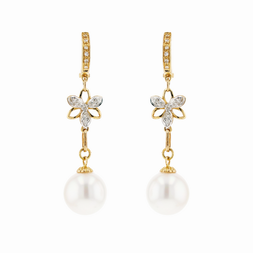 14KG 11.1/11.3mm Natural Color South Sea White Pearl Diamond Earrings