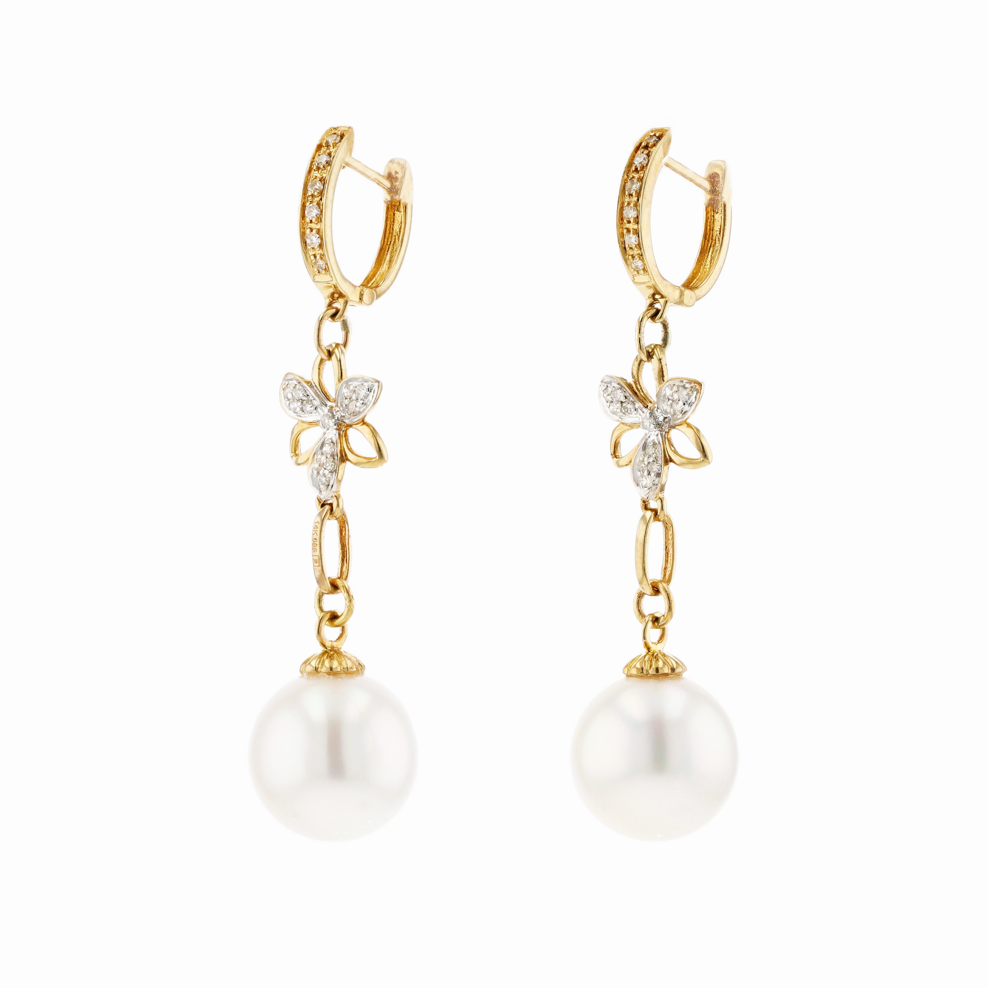14KG 11.1/11.3mm Natural Color South Sea White Pearl Diamond Earrings