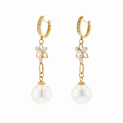 14KG 11.1/11.3mm Natural Color South Sea White Pearl Diamond Earrings