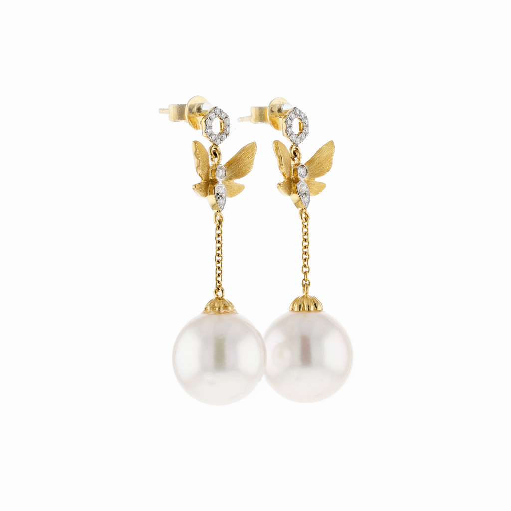 18KG 12.3/12.3mm Natural Color South Sea White Pearl Diamond Earrings