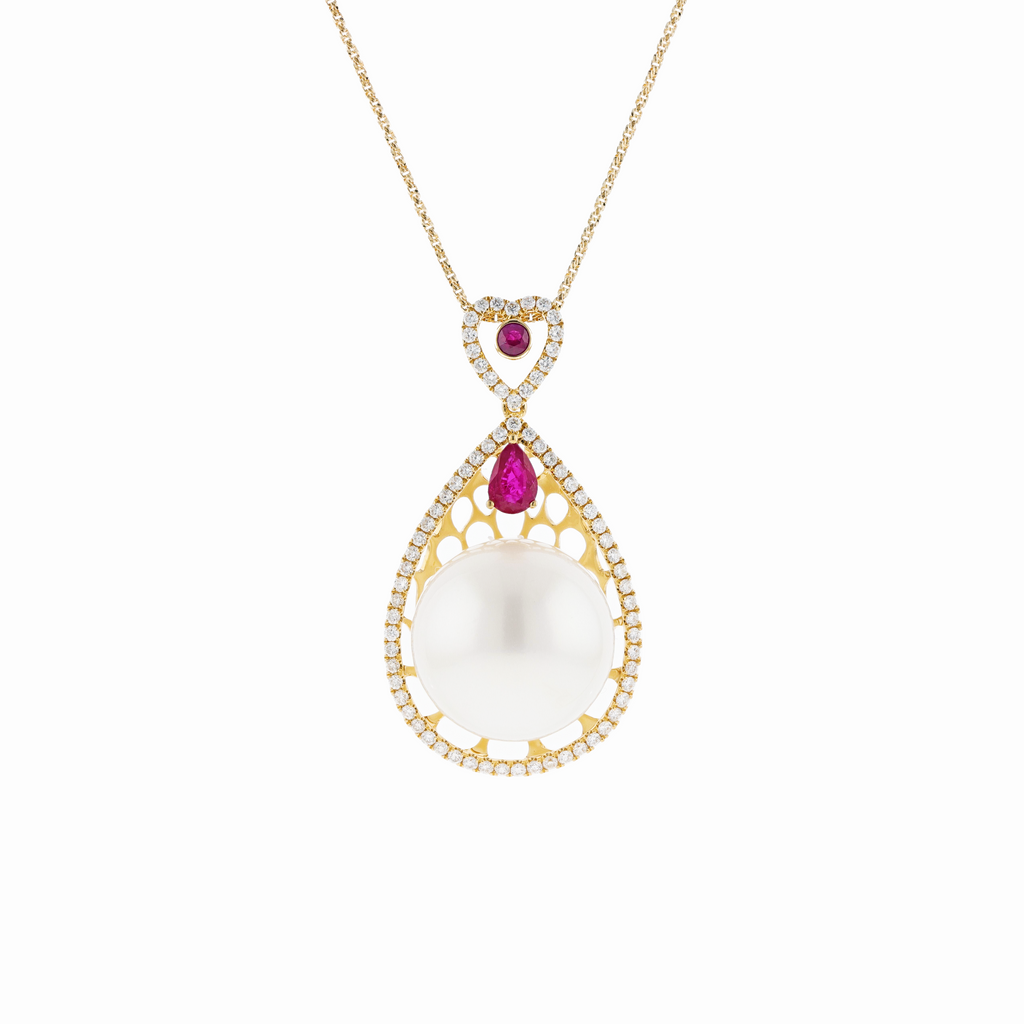 18KG 16.1mm Natural Color South Sea White Pearl Ruby Diamond Necklace