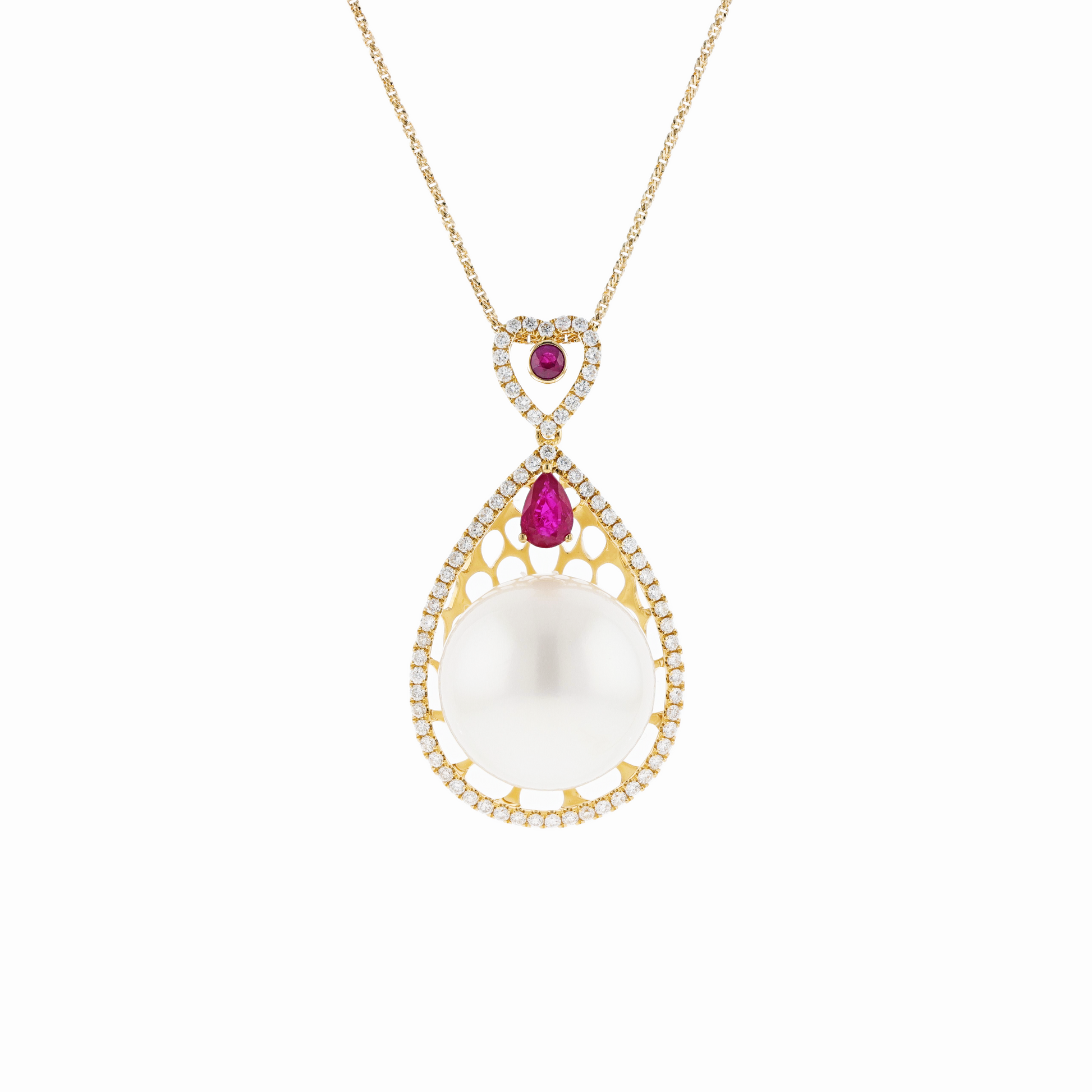 18KG 16.1mm Natural Color South Sea White Pearl Ruby Diamond Necklace