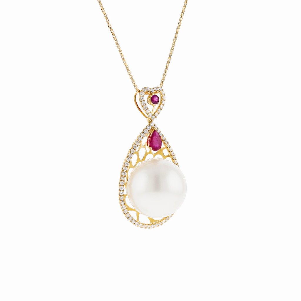 18KG 16.1mm Natural Color South Sea White Pearl Ruby Diamond Necklace