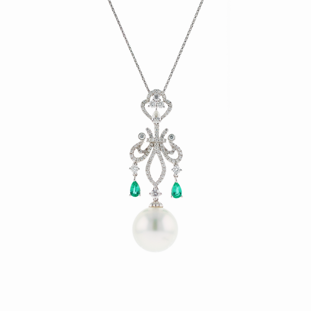 18KG 14.2mm Natural Color South Sea White Pearl Emerald Diamond Necklace