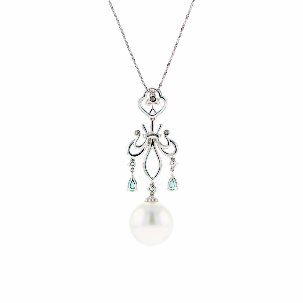 18KG 14.2mm Natural Color South Sea White Pearl Emerald Diamond Necklace