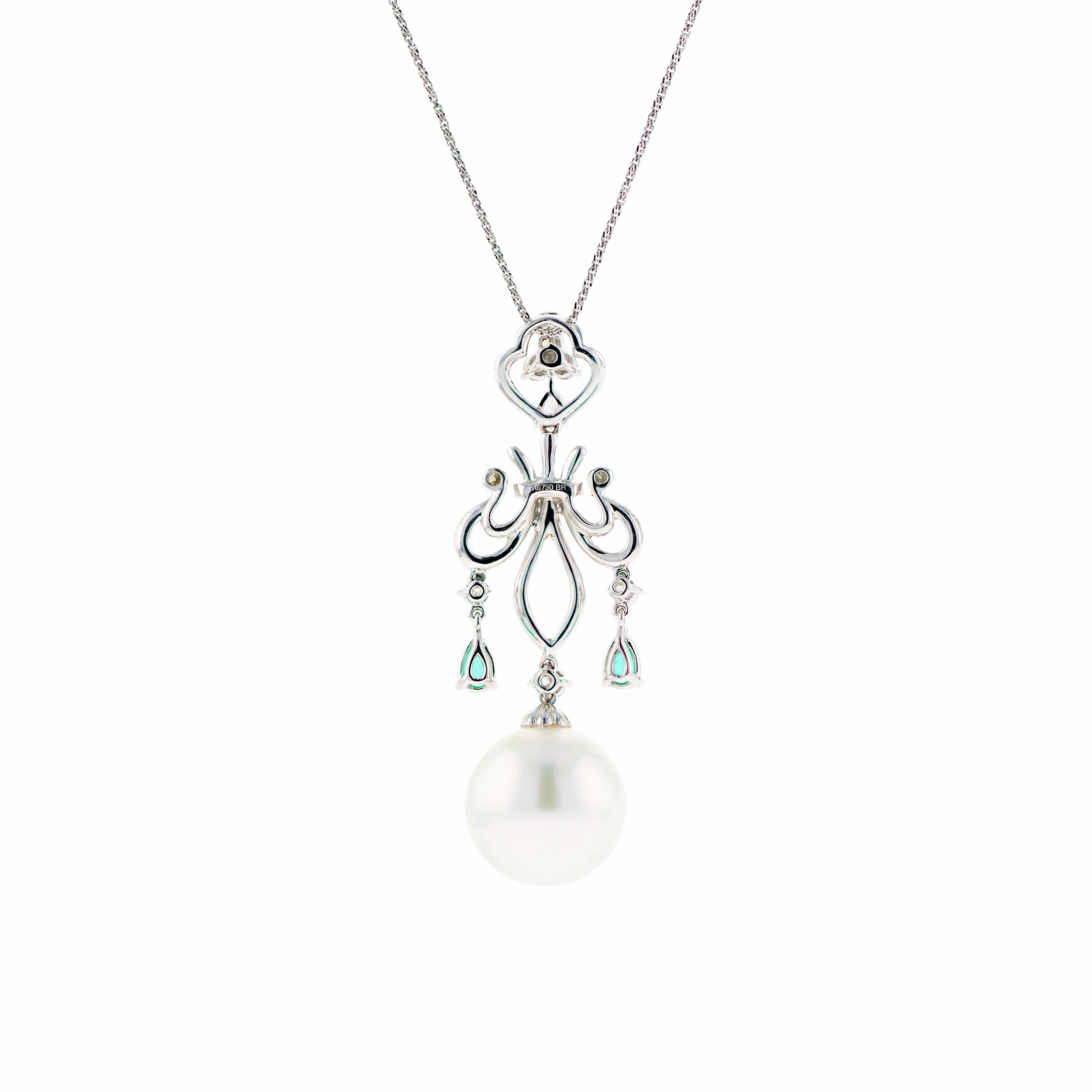 18KG 14.2mm Natural Color South Sea White Pearl Emerald Diamond Necklace