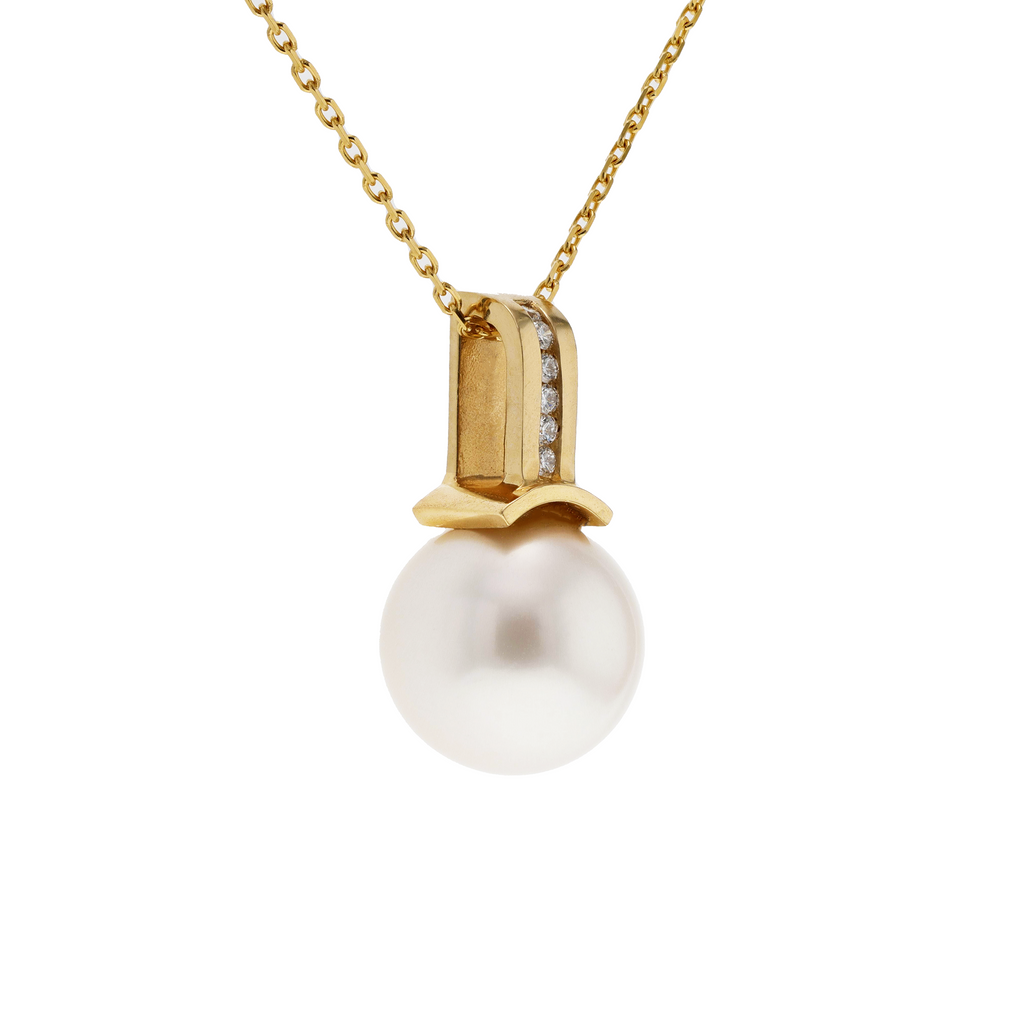 14&18KG 14.5mm Natural Color South Sea White Pearl Diamond Necklace