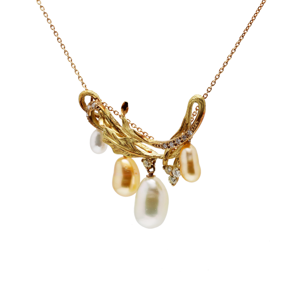 18KG 5.0-11.0mm White&Golden Natural Keshi Pearl Diamond Necklace