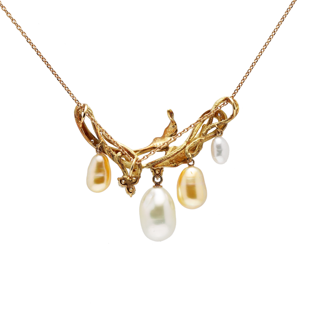 18KG 5.0-11.0mm White&Golden Natural Keshi Pearl Diamond Necklace
