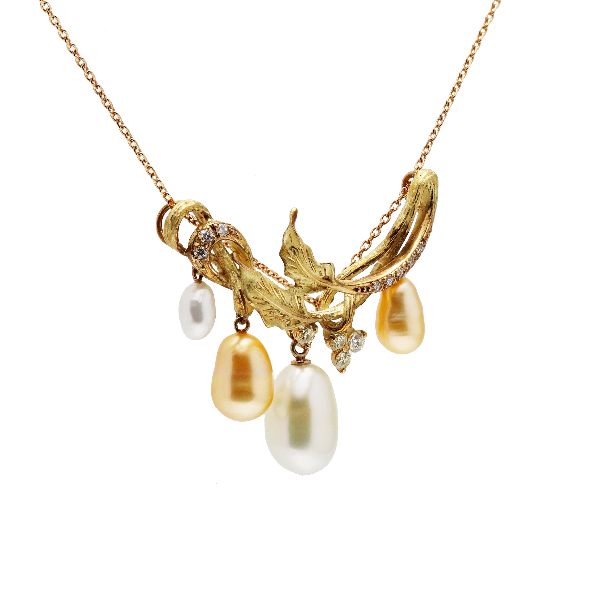 18KG 5.0-11.0mm White&Golden Natural Keshi Pearl Diamond Necklace