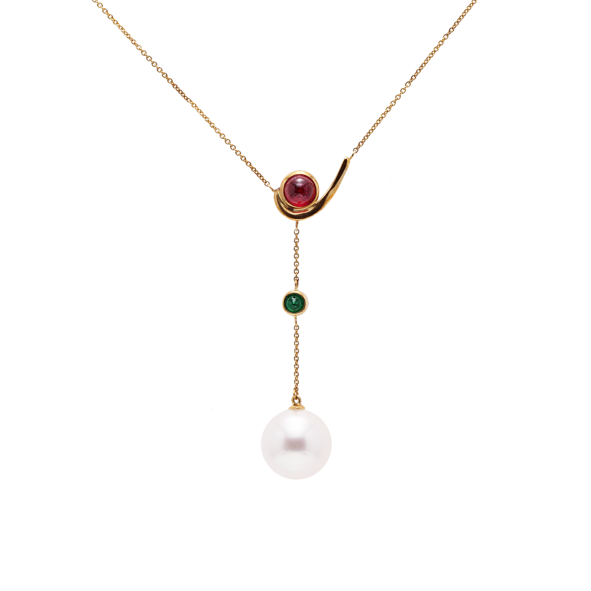18KG 9.2mm Natural Color South Sea White Pearl Ruby Emerald Necklace
