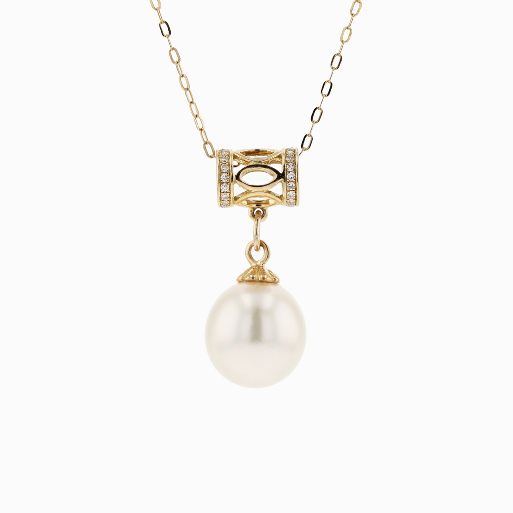18KG 9.8x10.3mm Natural Color South Sea White Pearl CZ Necklace