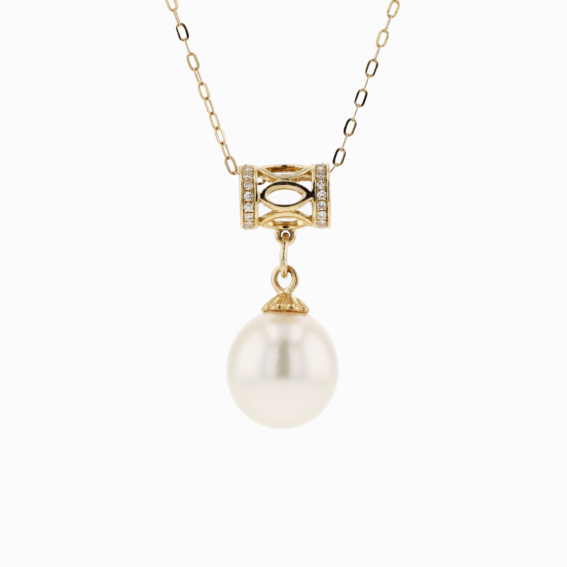 18KG 9.8x10.3mm Natural Color South Sea White Pearl CZ Necklace