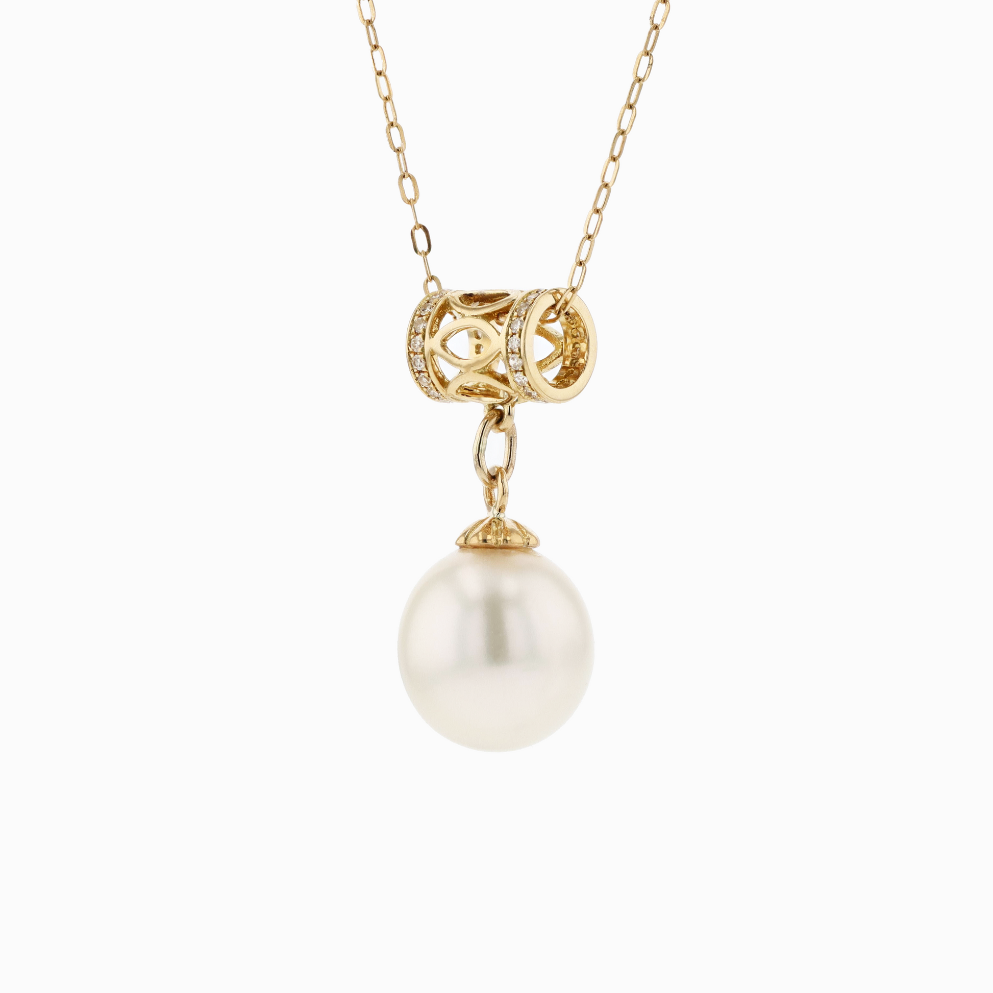 18KG 9.8x10.3mm Natural Color South Sea White Pearl CZ Necklace