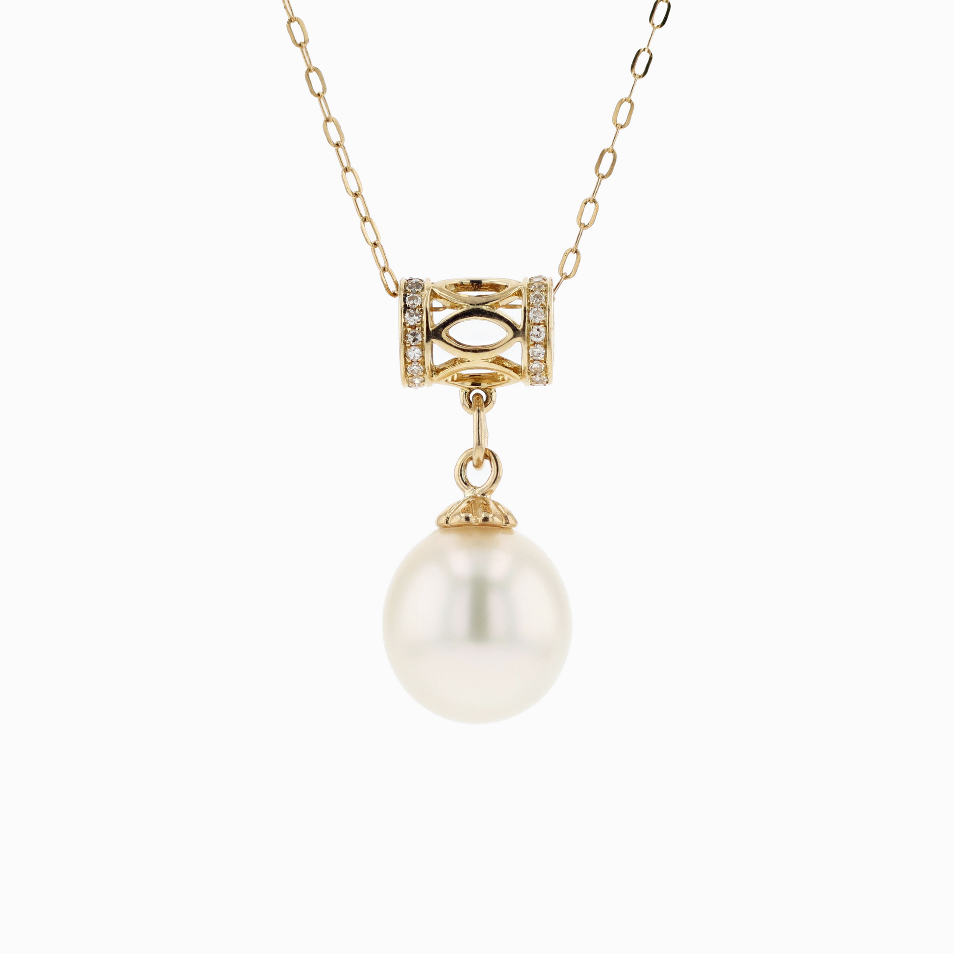18KG 9.8x10.3mm Natural Color South Sea White Pearl CZ Necklace