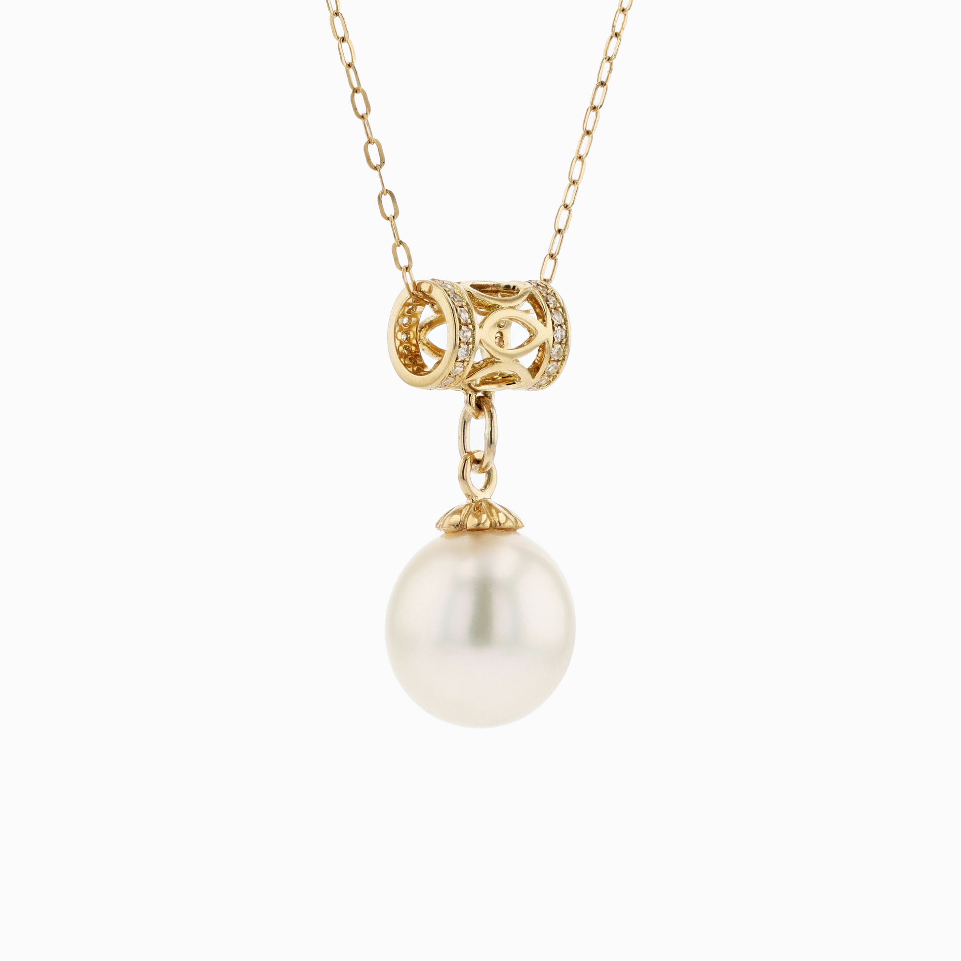 18KG 9.8x10.3mm Natural Color South Sea White Pearl CZ Necklace
