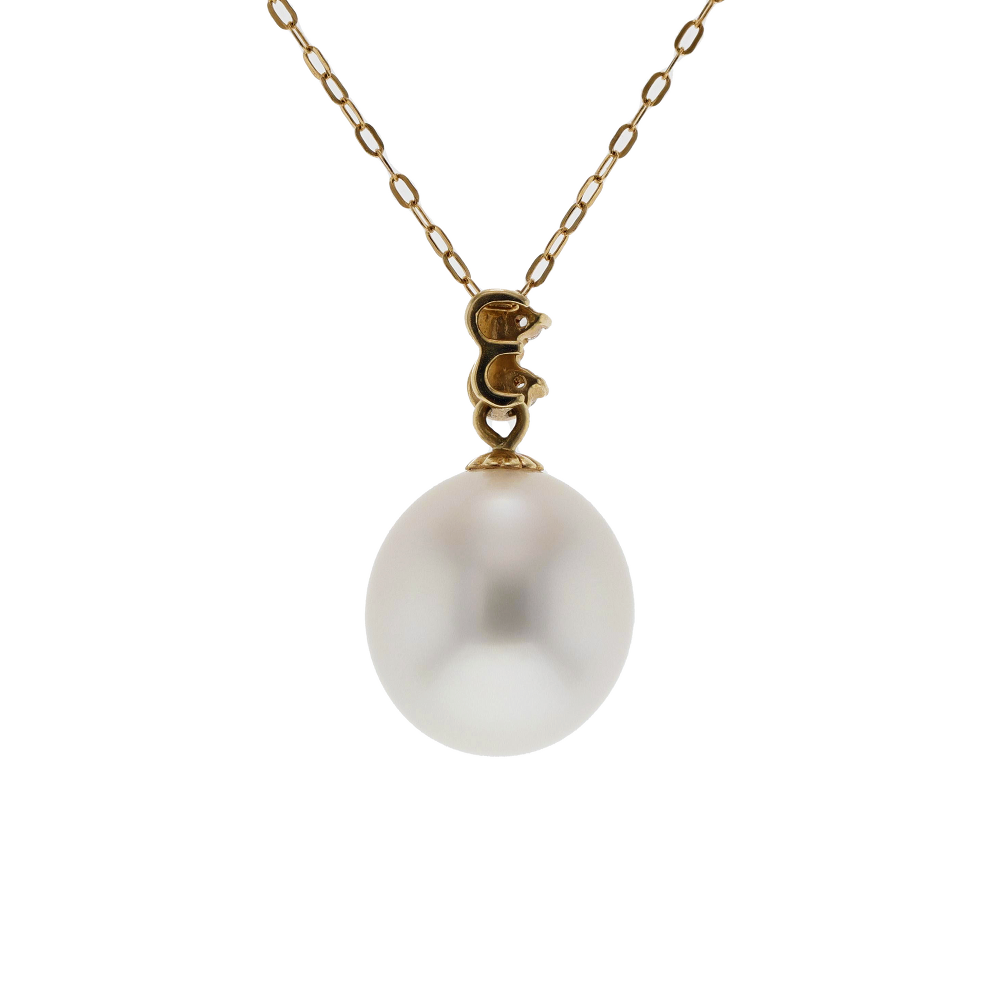 14KG&18KG 11.8x12.8mm Natural Color South Sea White Pearl Diamond Necklace