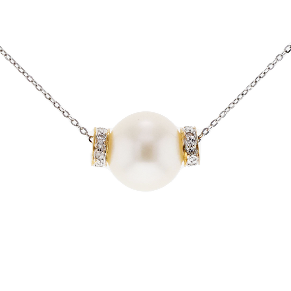 14KG&18KG 9.6mm Natural Color South Sea White Pearl Diamond Necklace