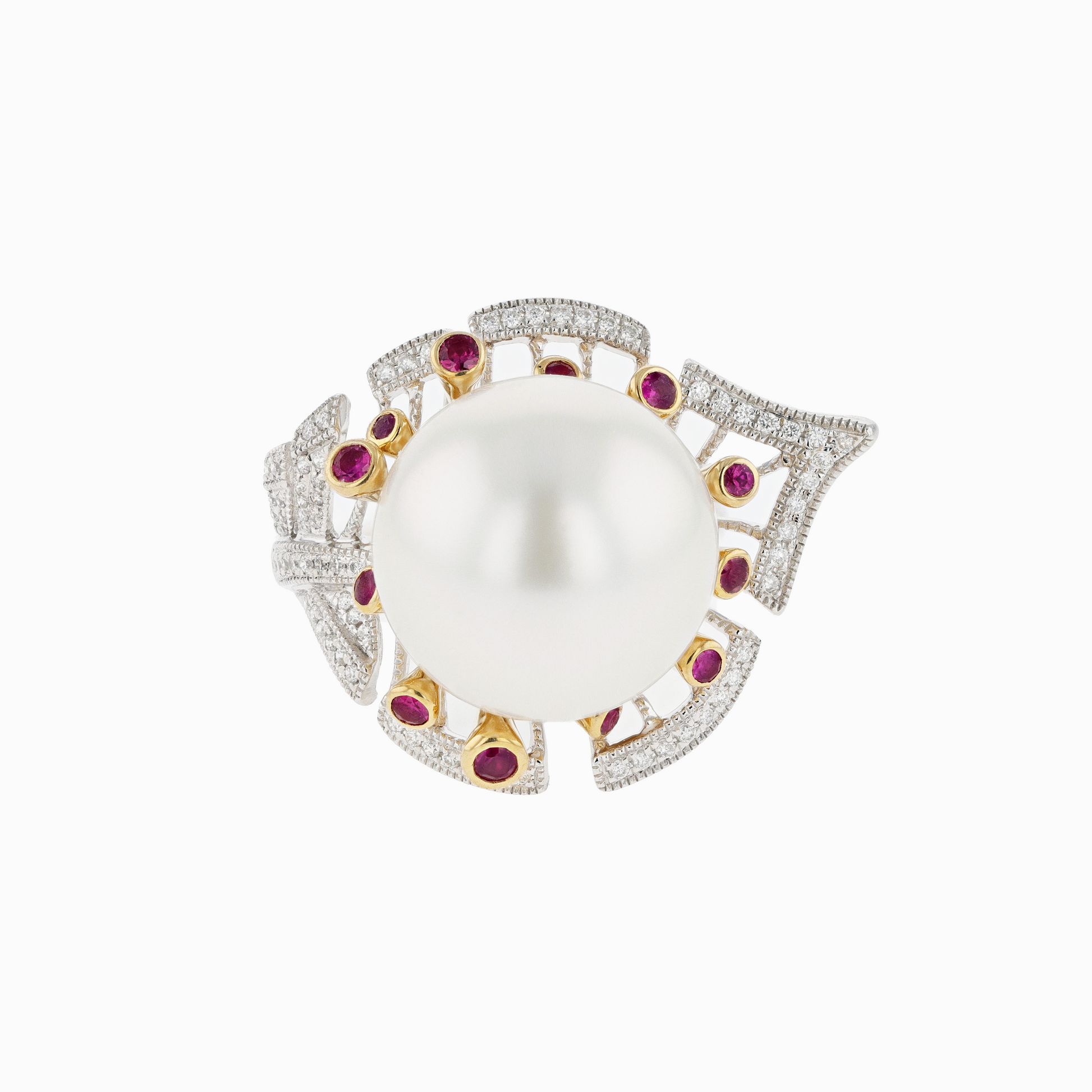 18KG 14.5mm Natural Color South Sea White Pearl Ruby Diamond Ring