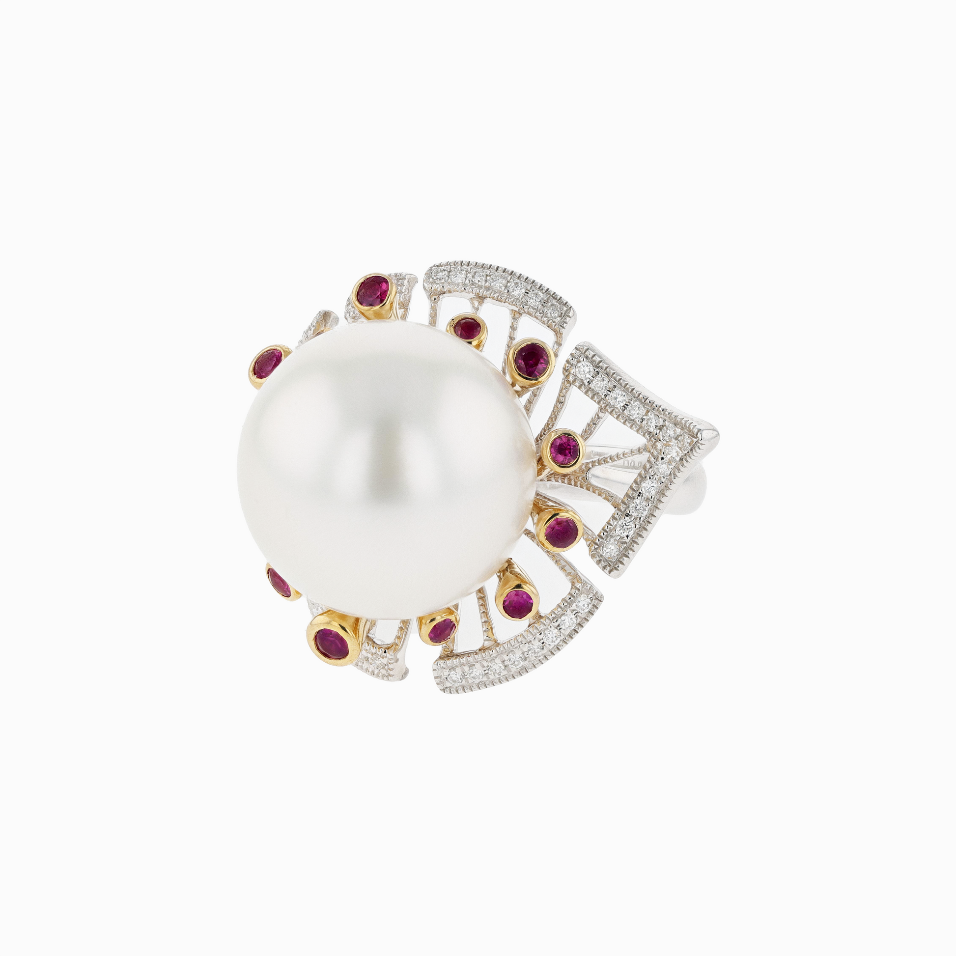 18KG 14.5mm Natural Color South Sea White Pearl Ruby Diamond Ring