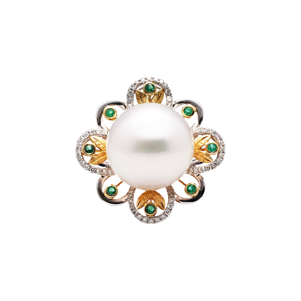 18KG 14.8mm Natural Color South Sea White Pearl Emerald Diamond Ring