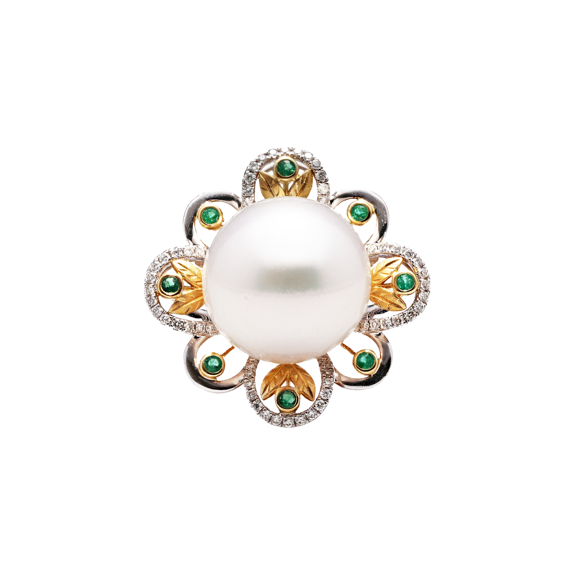 18KG 14.8mm Natural Color South Sea White Pearl Emerald Diamond Ring