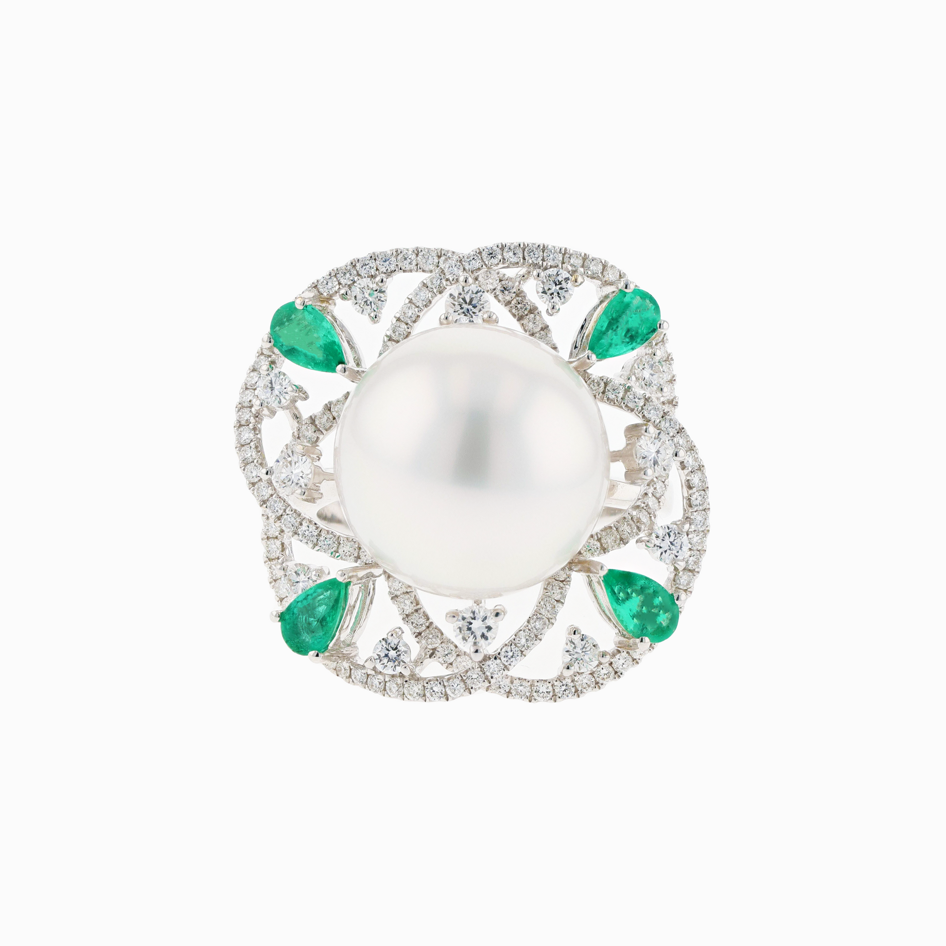 18KG Natural Color South Sea White Pearl Emerald Diamond Ring
