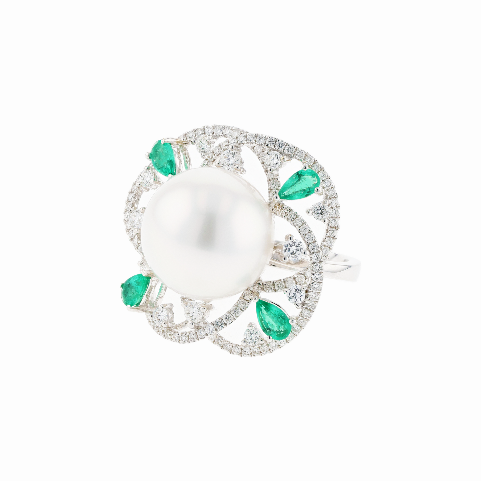 18KG Natural Color South Sea White Pearl Emerald Diamond Ring