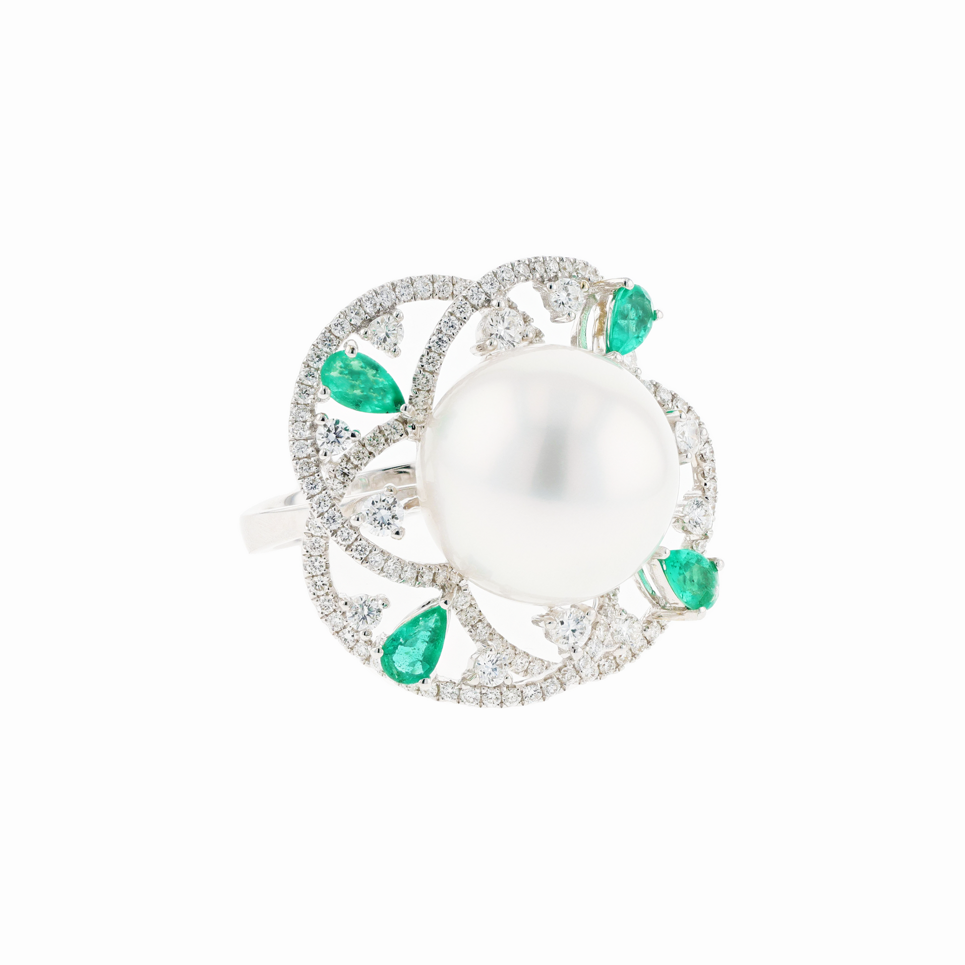 18KG Natural Color South Sea White Pearl Emerald Diamond Ring