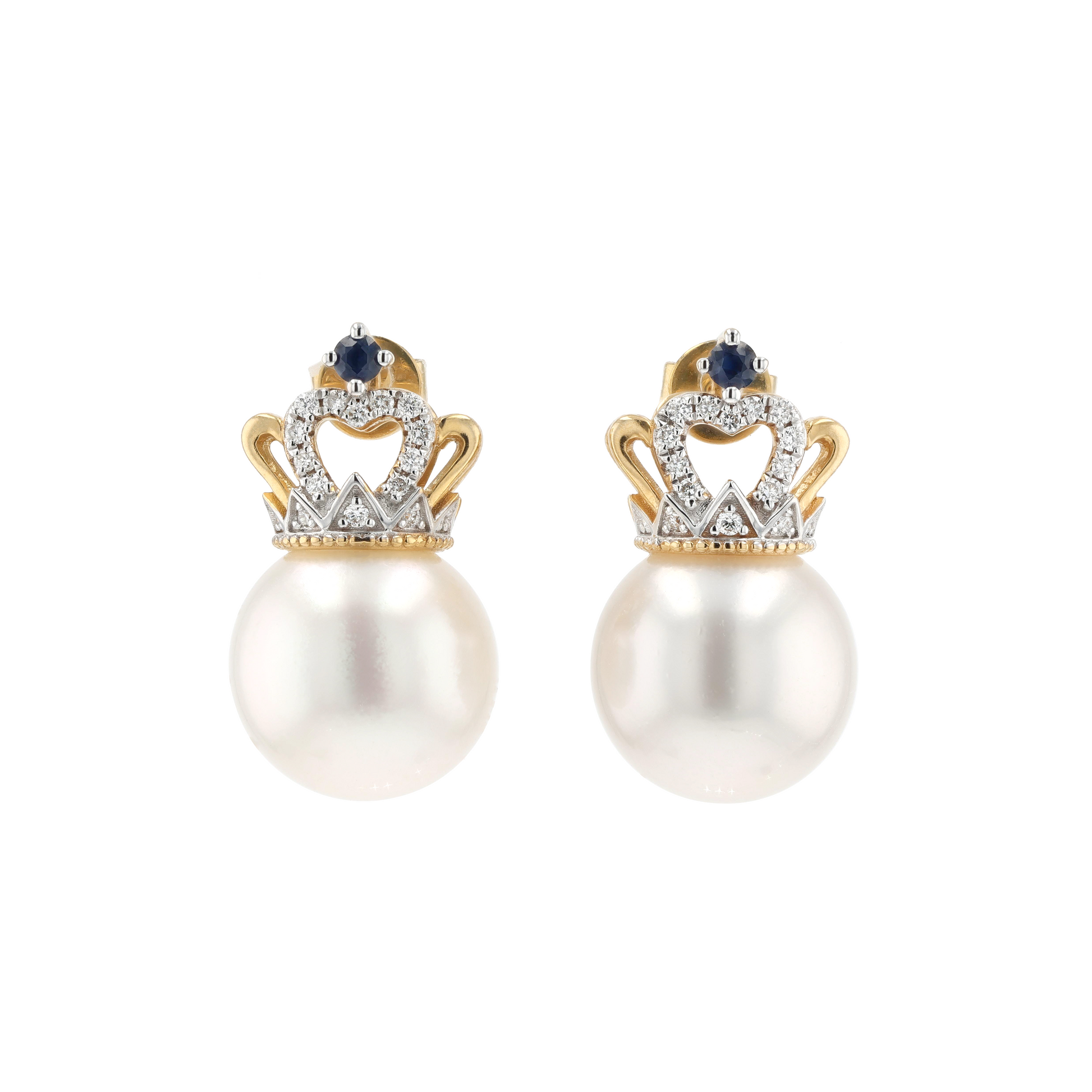 18KG 11.2/11.2mm South Sea White Pearl Diamond Sapphire Earrings