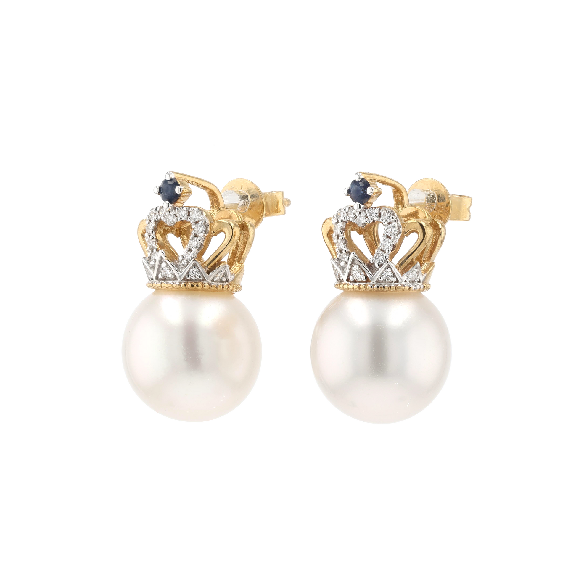 18KG 11.2/11.2mm South Sea White Pearl Diamond Sapphire Earrings