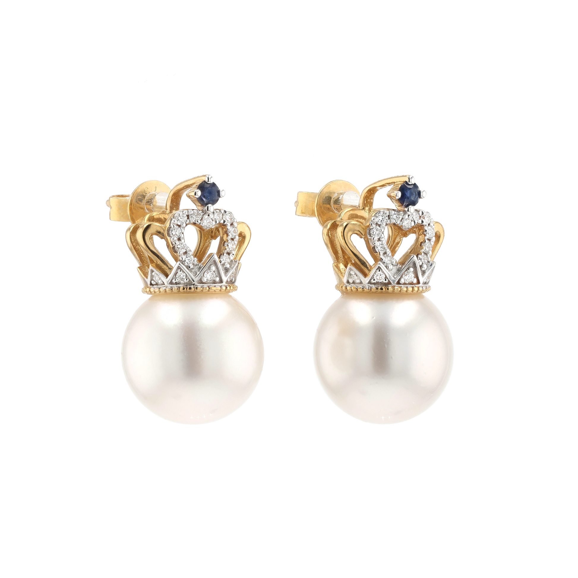18KG 11.2/11.2mm South Sea White Pearl Diamond Sapphire Earrings