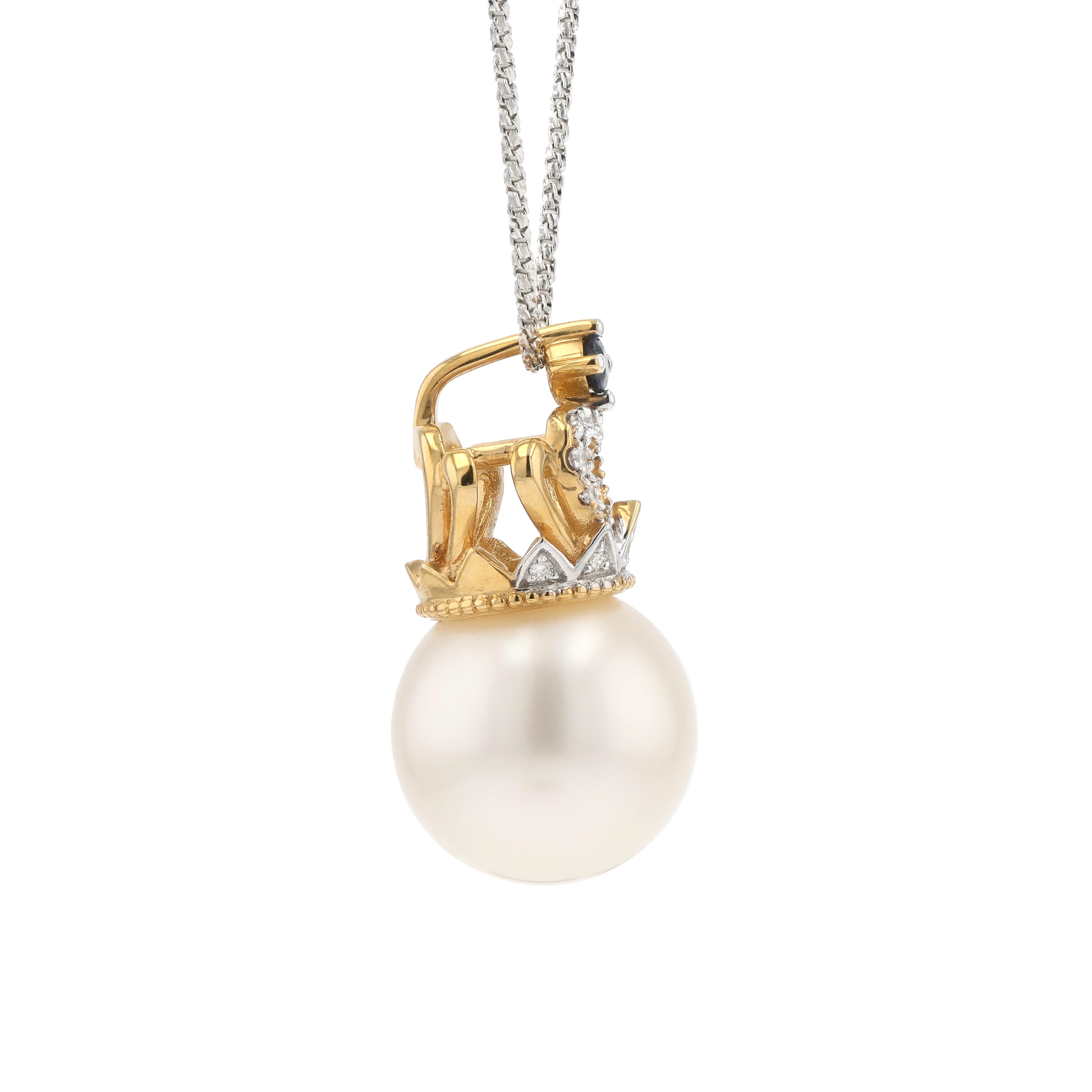 18KG 12.8mm South Sea White Pearl Diamond Sapphire Pendant