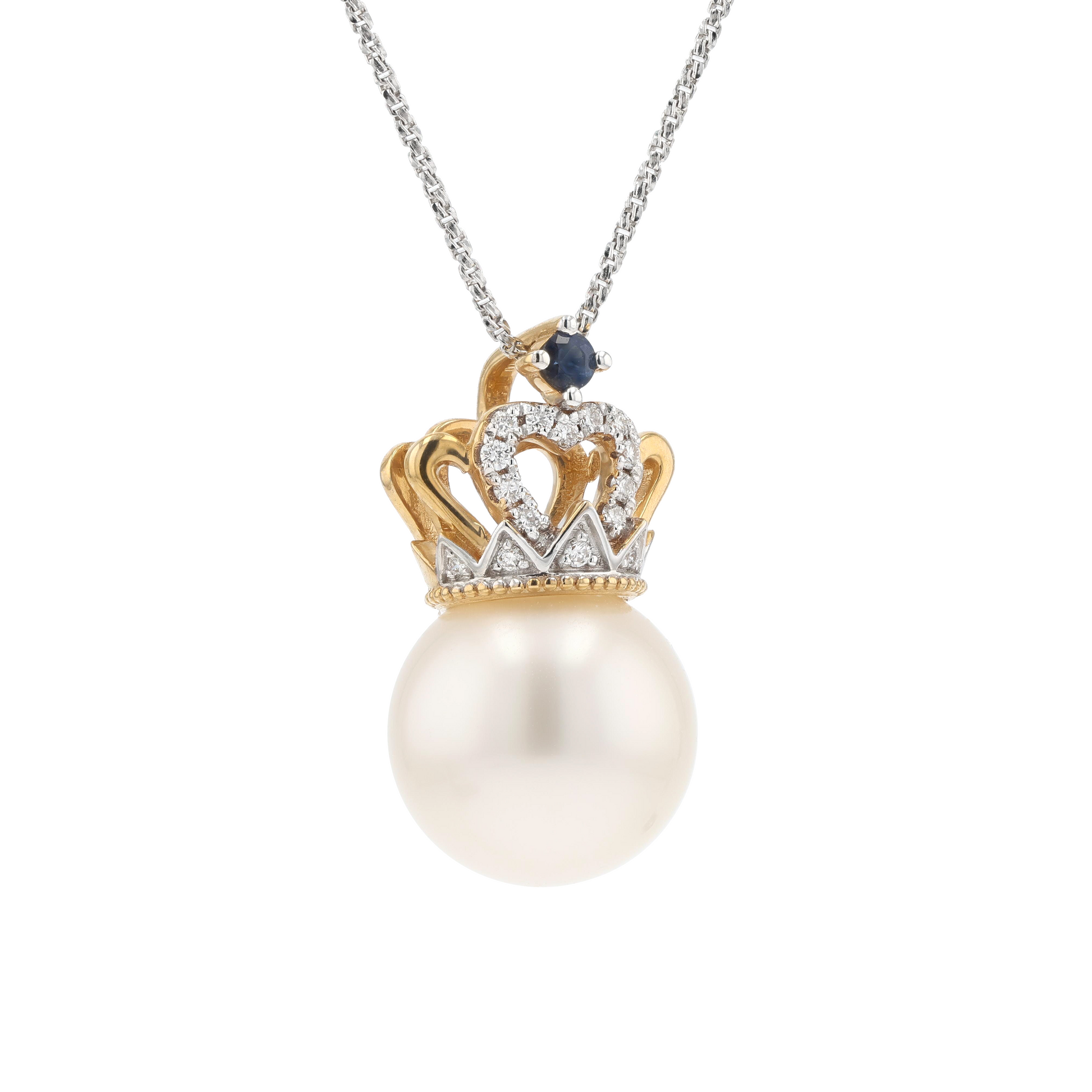 18KG 12.8mm South Sea White Pearl Diamond Sapphire Pendant