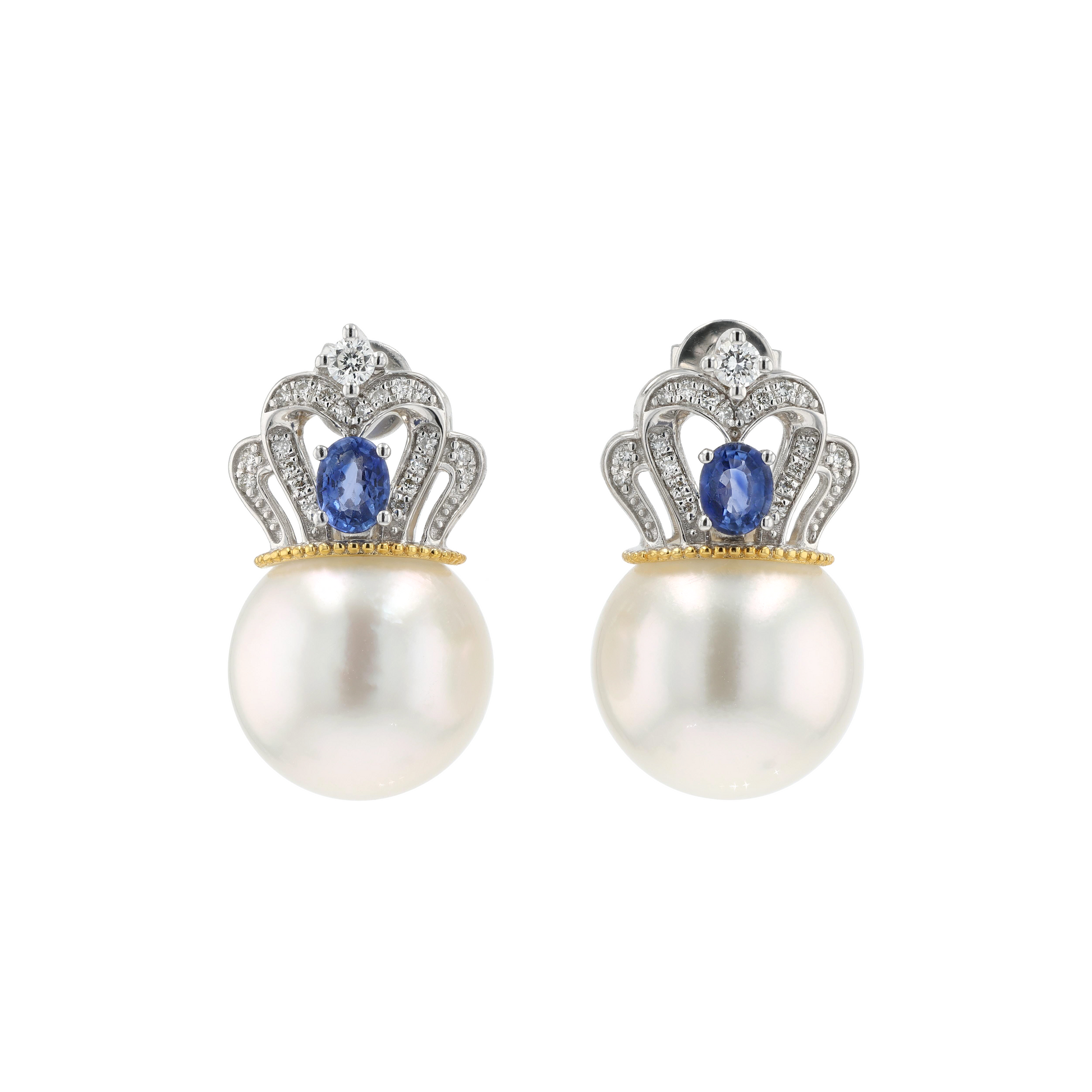 18KG 11.4/11.6mm South Sea White Pearl Diamond Sapphire Earrings