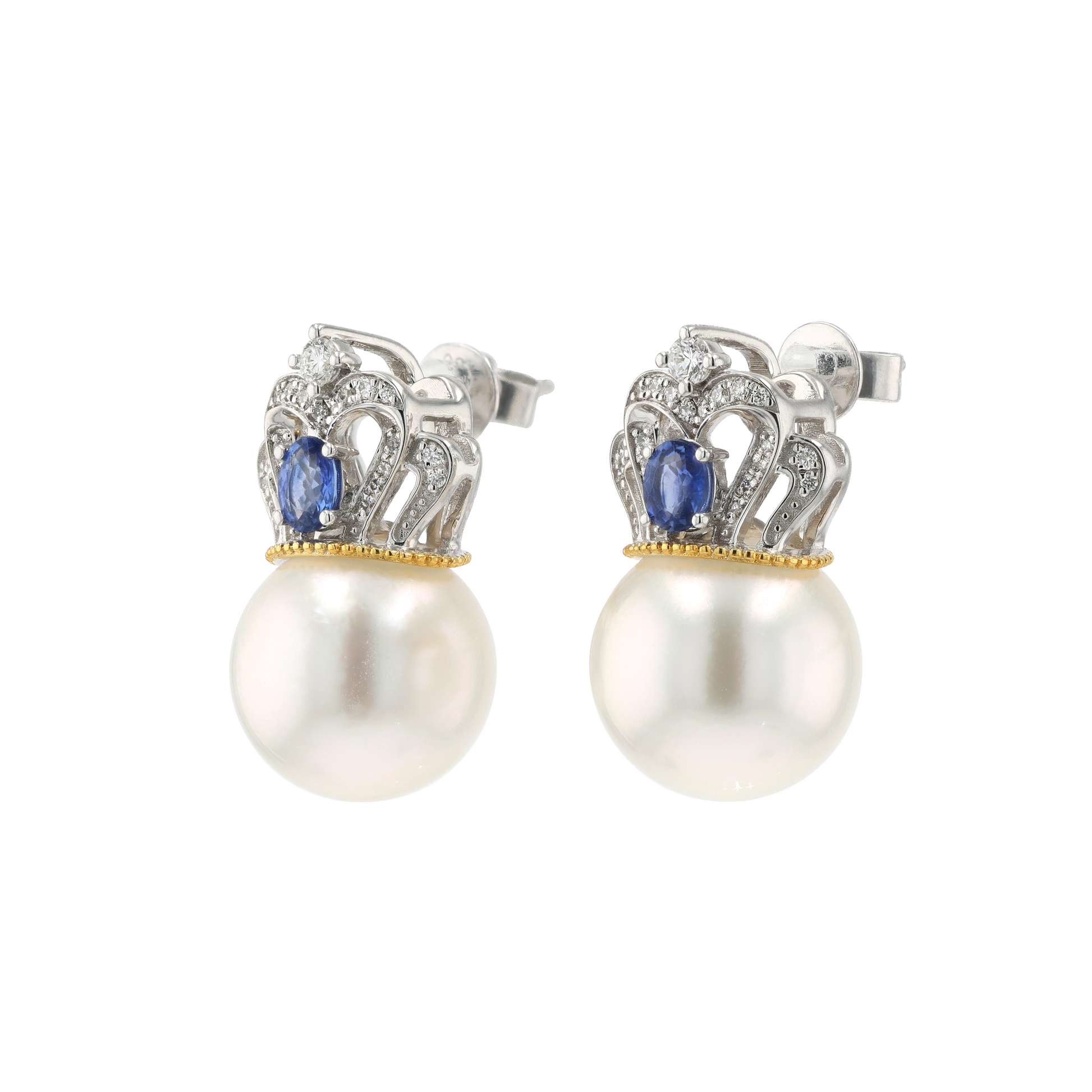 18KG 11.4/11.6mm South Sea White Pearl Diamond Sapphire Earrings