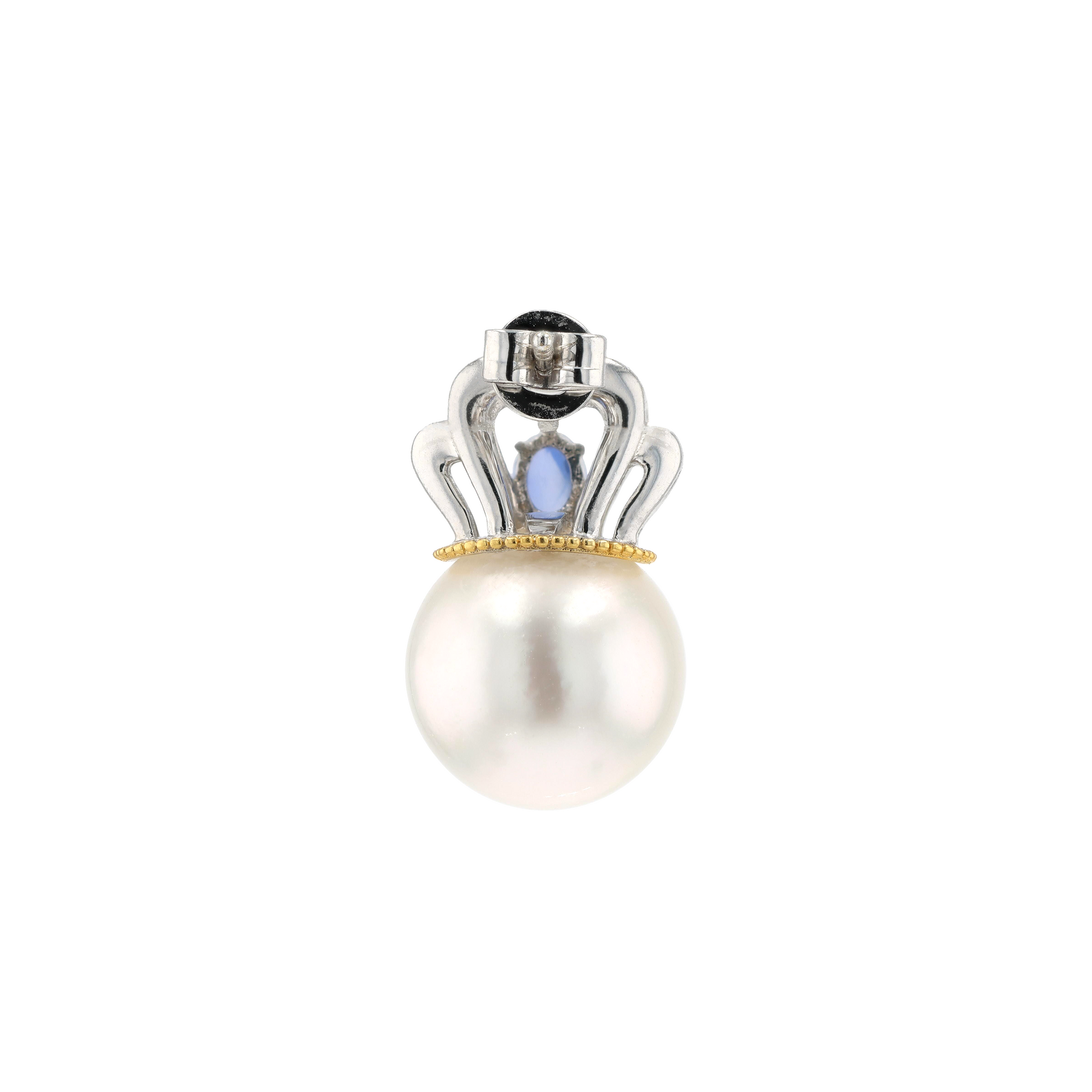 18KG 11.4/11.6mm South Sea White Pearl Diamond Sapphire Earrings