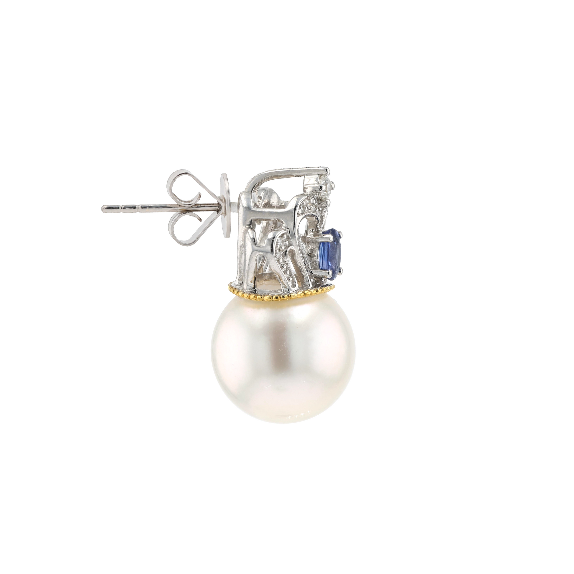 18KG 11.4/11.6mm South Sea White Pearl Diamond Sapphire Earrings