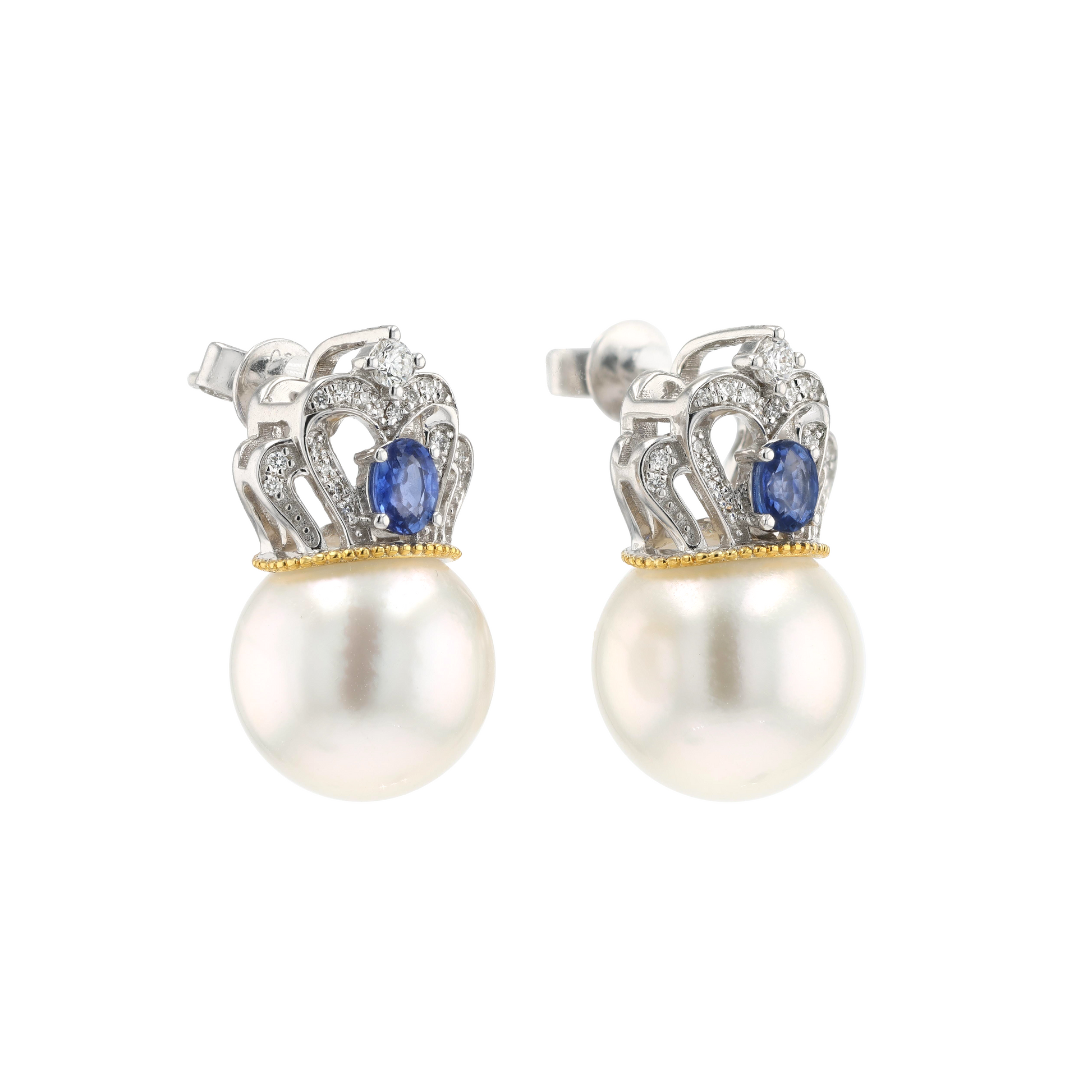 18KG 11.4/11.6mm South Sea White Pearl Diamond Sapphire Earrings