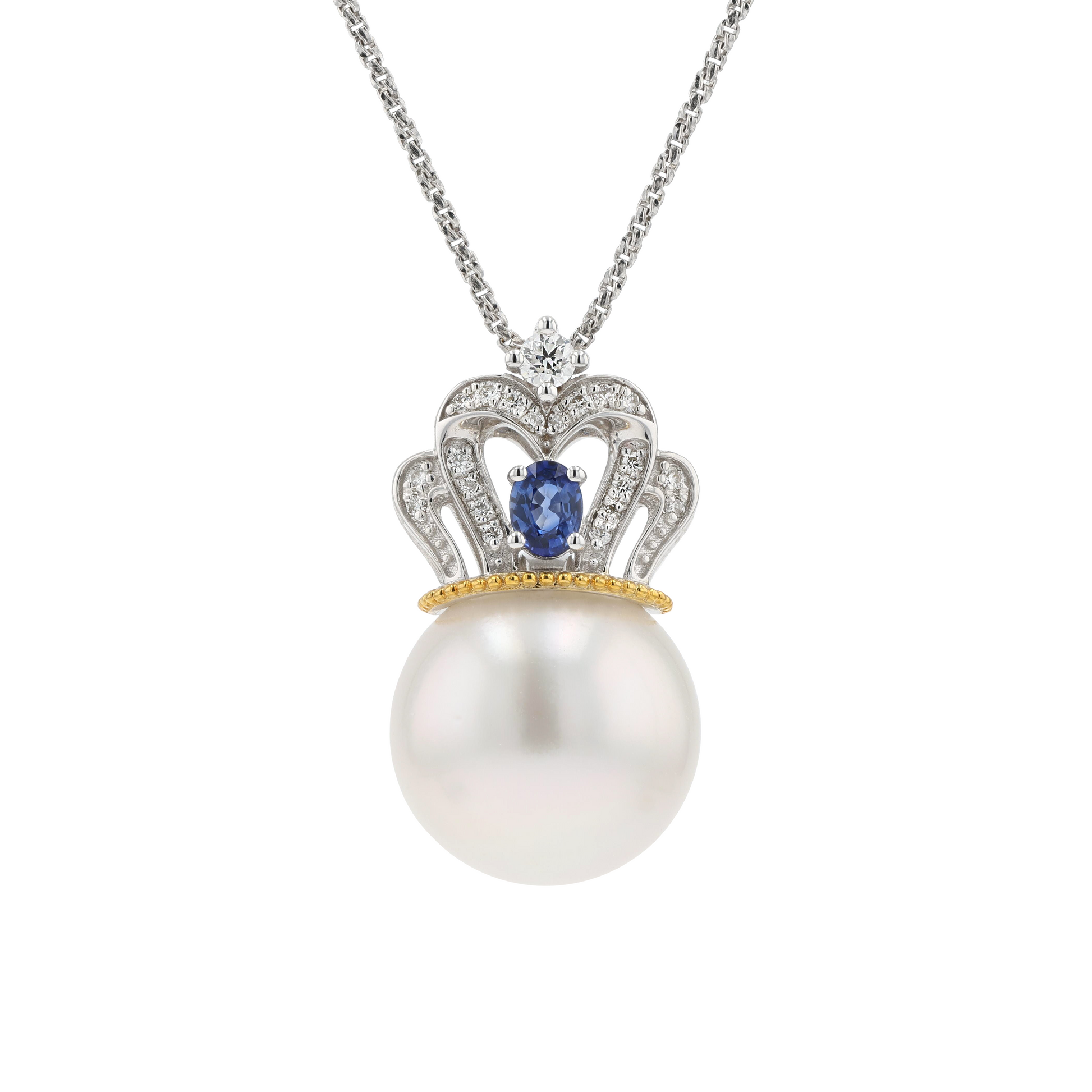18KG 12.6mm South Sea White Pearl Diamond Sapphire Pendant