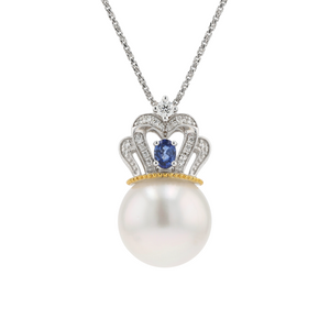 18KG 12.6mm South Sea White Pearl Diamond Sapphire Pendant